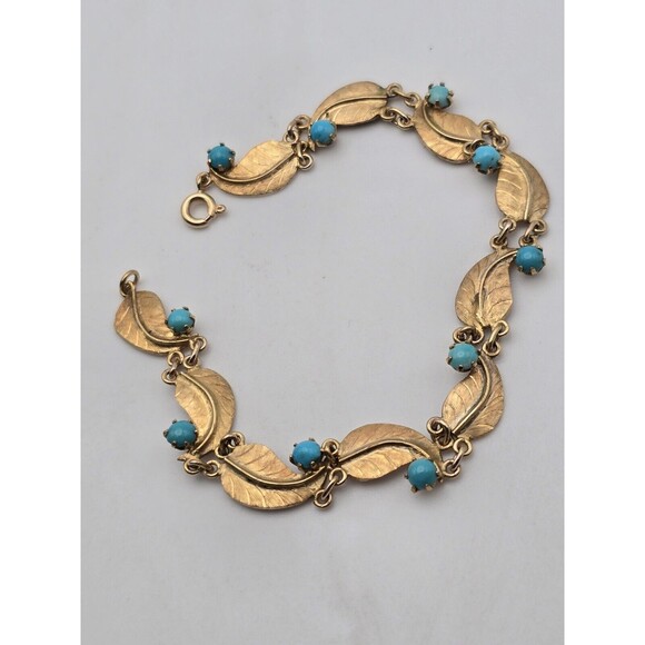 Vintage 14k Gold Leaf and Turquoise Bracelet – Elegant Handcrafted Design - Picture 1 of 6